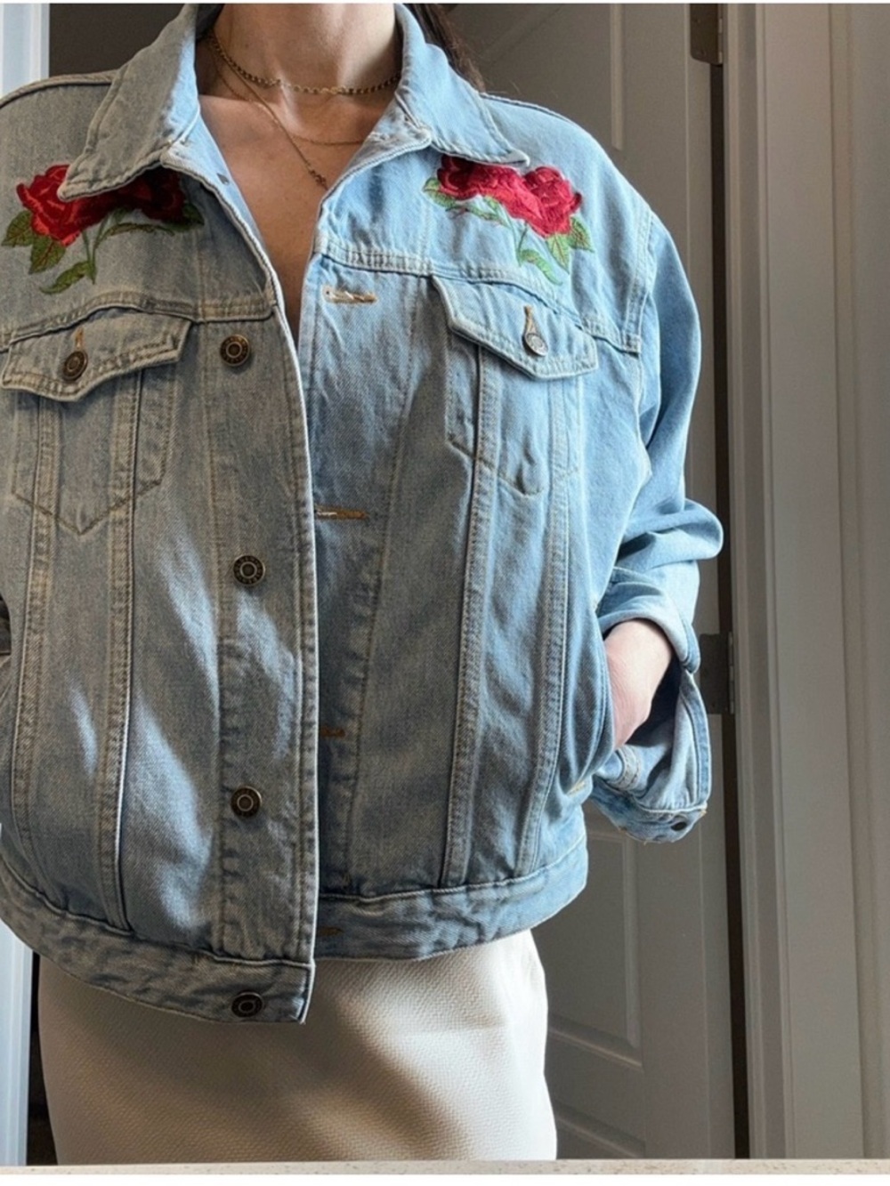 Light Blue Denim Jacket with Red Rose Embroidery - Women - Picture 5 of 8